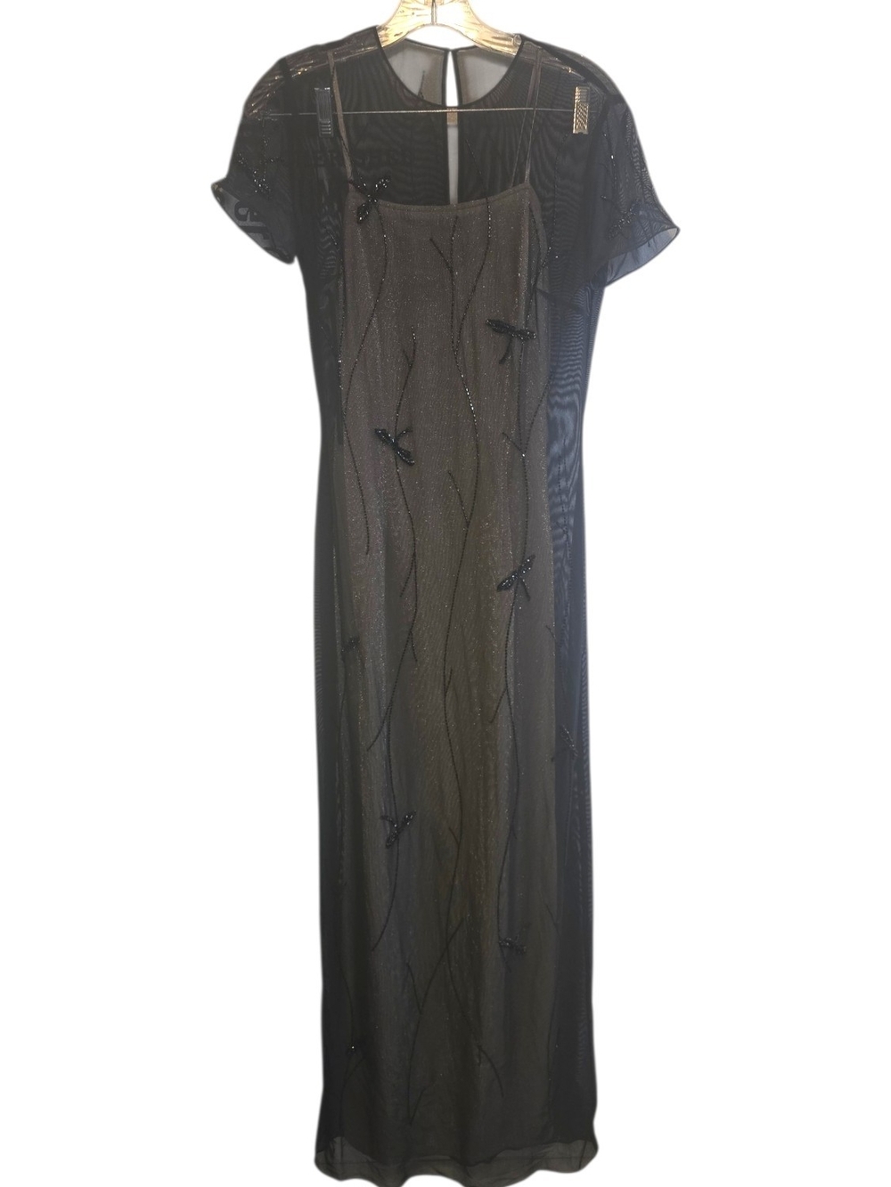 Vintage RIMINI by Shaw Beaded Mesh Maxi Dress Metallic Whimsigoth Dragonfly Gown